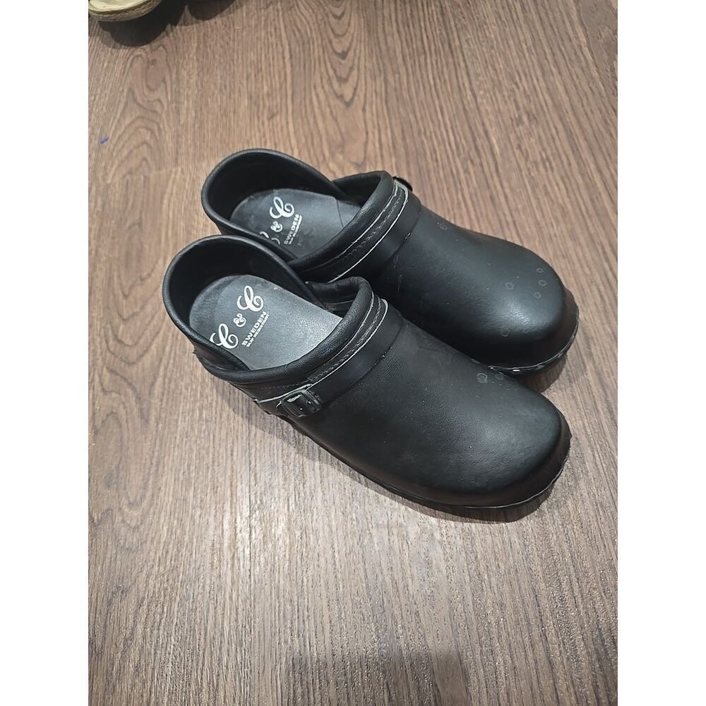 C & C Sweden Clogs Size 38 US 8 Black Leather Workwear‎ Slip Resistant